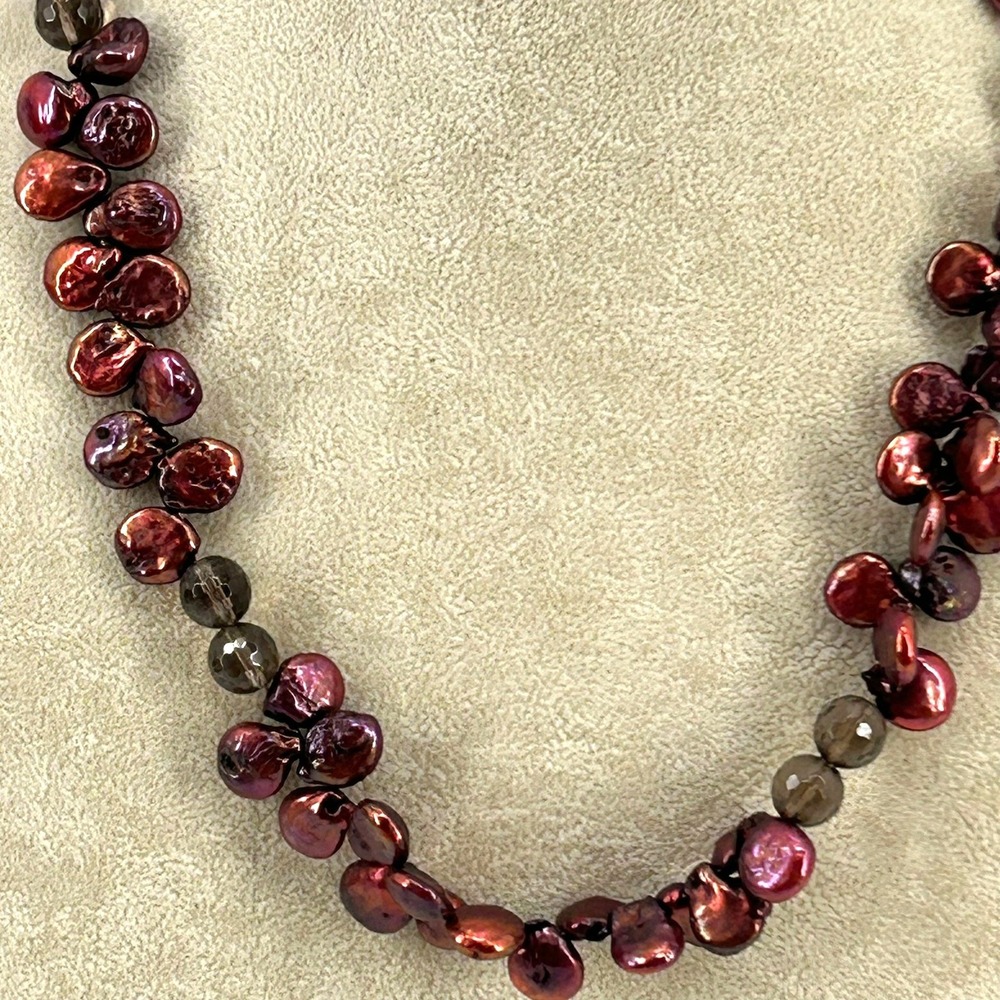 Handmade Maroon Baroque Pearl Smoky Quartz Gemstone Necklace Copper Brown 21"